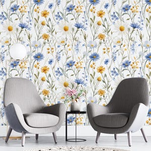 Papier peint floral aquarelle | Papier peint floral sauvage | Papier traditionnel avec pellicule de protection | Décoration murale botanique Cottagecore |