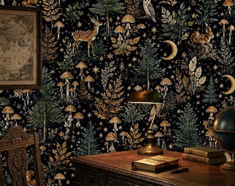 Papel pintado Bosque Oscuro, Mural de pared de setas celestiales, Animales caprichosos autoadhesivos, Papel pintado removible estilo Cottagecore con ambiente melancólico