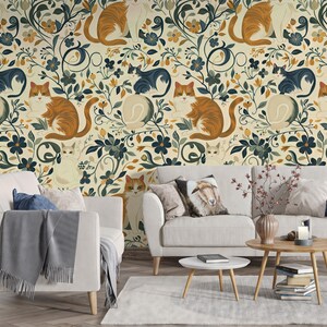 Vintage Cat and Flowers Wallpaper, Removable Peel and Stick, Wall Art, Wall Decor, Cat Wallpaper, Home Decor, Boho Wallpaper, Self Adhesive