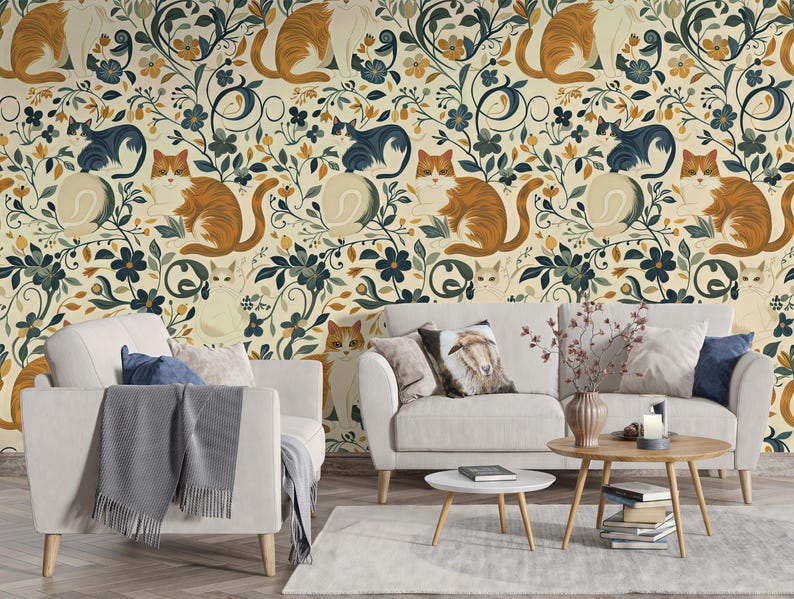 Vintage Cat and Flowers Wallpaper, Removable Peel and Stick, Wall Art, Wall Decor, Cat Wallpaper, Home Decor, Boho Wallpaper, Self Adhesive