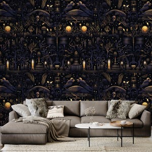 Gothic Dark Academia Peel and Stick Wallpaper I Vintage Raven and Candlelit Library Mural I Spooky Aesthetic Removable Wallpaper for Bedroom