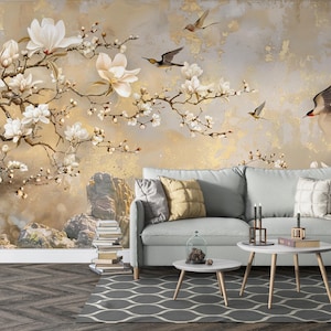 Gold Accented Floral Mural with Birds for Elegant Interiors |  Vintage Botanical Wall Mural with Birds & Gold Touch | Magnolia Wall Mural