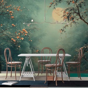 Mystical Moonlit Forest Wall Mural | Enchanted Floral Dreamscape | Dark Green Botanical Wallpaper | Custom Peel and Stick or Traditional
