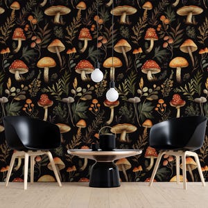 Dark Forest Mushroom Wallpaper | Enchanted Woodland Botanical Mural | Vintage Cottagecore Aesthetic | Removable & Peel and Stick Wallpaper
