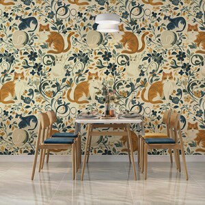 Vintage Cat and Flowers Wallpaper, Removable Peel and Stick, Wall Art, Wall Decor, Cat Wallpaper, Home Decor, Boho Wallpaper, Self Adhesive
