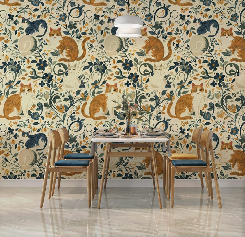 Vintage Cat and Flowers Wallpaper, Removable Peel and Stick, Wall Art, Wall Decor, Cat Wallpaper, Home Decor, Boho Wallpaper, Self Adhesive
