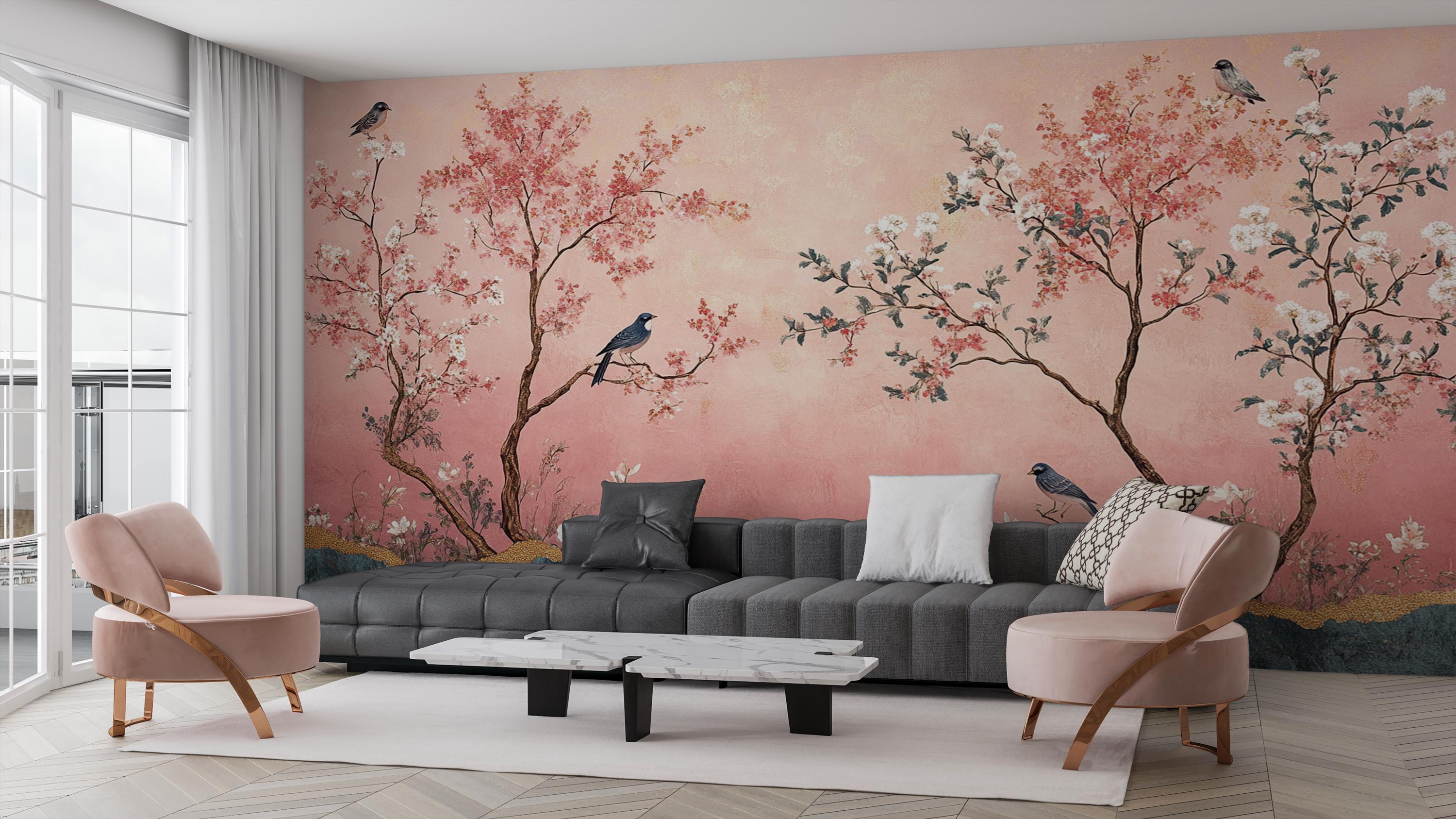 Pink Chinoiserie Wallpaper-romantic Bird&blossom -vintage Oriental ...