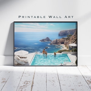 May include: Printable wall art featuring a scenic coastal view with a turquoise pool. The artwork depicts people swimming in the pool, with lounge chairs and umbrellas nearby. The ocean and cliffs are visible in the background.