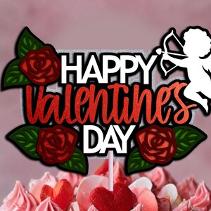 Cake Topper Happy Valentine’s Day Cupid and Roses SVG, Cake Decoration, Layered Cut File Template, Instant Download, Diy Cricut