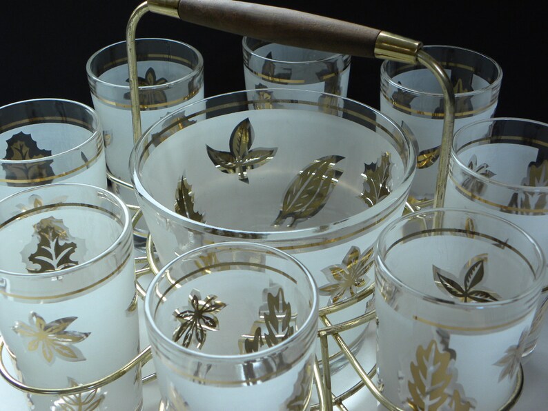 Vintage Drinking Glass Bar Caddy 8 Gold Leaf Design Glasses Etsy