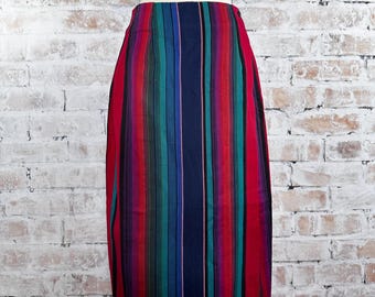 True Vintage 1990s Basic Editions Women’s Multicolored 100% Cotton Striped Print High Waisted Ankle Length Midi Wrap Style Pencil Skirt