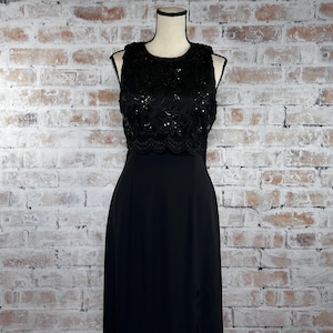 True Vintage 1990s Michael Marcella Women’s Black Embellished Sequin and Beaded Bodice Open Back Sleeveless Formal Cocktail Prom Maxi Dress