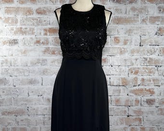 True Vintage 1990s Michael Marcella Women’s Black Embellished Sequin and Beaded Bodice Open Back Sleeveless Formal Cocktail Prom Maxi Dress