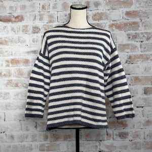 True Vintage 1990s Cristina Women’s 100% Cotton Blue and White Striped Print Crewneck 3/4 Sleeve Pullover Woven Knit Boxy Nautical Sweater