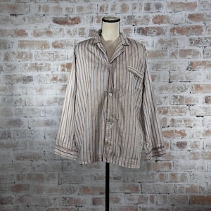 True Vintage 1990s Salvage Condition Archdale White, Red and Orange Cotton Blend Striped Print Button Down Long Sleeve V-Neck Pajama Shirt