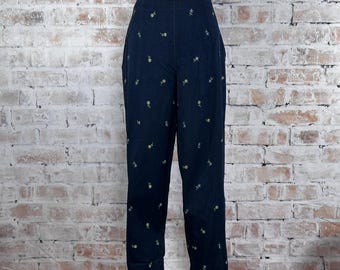 True Vintage 1990s Talbots Women’s Curvy Fit Cotton Blend Floral Embroidered Dark Wash High Waisted Stretch Denim Summer Capri Pants Size 14