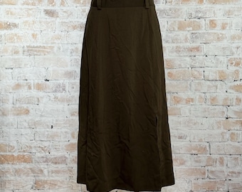True Vintage 90s Requirements Women’s Olive Green Solid Print High Waisted Rear Elastic A-Line Casual Dark Academia Fall Midi Skirt Size 14