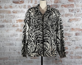True Vintage 1990s Salvage Condition Abvien Women’s 100% Silk Black and White Zebra Print Fringe Zip Up Front Lightweight Bomber Jacket