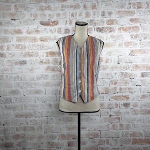 True Vintage 1990s Liz Sport Women’s Linen Blend Multicolor Pastel Striped Print Sleeveless Button Up Rear Belted Casual V-Neck Vest Size 6