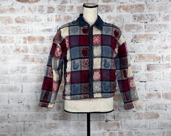 True Vintage 1990s New Directions Salvage Condition Cotton Red, White & Blue Patchwork Farmhouse Apple and Duck Print Quilted Zip Up Jacket