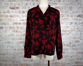 True Vintage 1990s Liz Baker Women’s Red and Black Floral Print Long Sleeve Button Down Business Casual Blouse Size 8