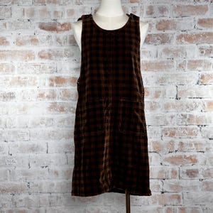 True Vintage 90s Fads Women’s Black and Brown 100% Cotton Plaid Checkered Print Corduroy Sleeveless Overall Style Casual Farmcore Mini Dress