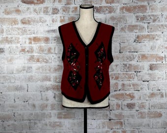True Vintage 1990s Koret Petites Women’s Wool Blend Red and Black Floral Embroidered Button Down Sleeveless V-Neck Boucle Knit Sweater Vest