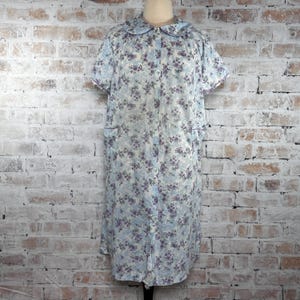 True Vintage 90s Does 50s Just For Women Plus Size Blue, Purple, White and Green Floral Print Pearl Snap Button Down Short Sleeve Nightgown