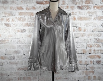 True Vintage Y2K Tailor by B. Moss Women’s Gray Shimmery Metallic Solid Print Long Trumpet Sleeve V-Neck Casual Fitted Popover Going Out Top