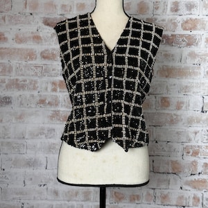 True Vintage 1980s Creazioni Effeci Black, White and Gold Sequin Beaded Embellished Button Down Sleeveless V-Neck Rear Ribbon Belted Vest