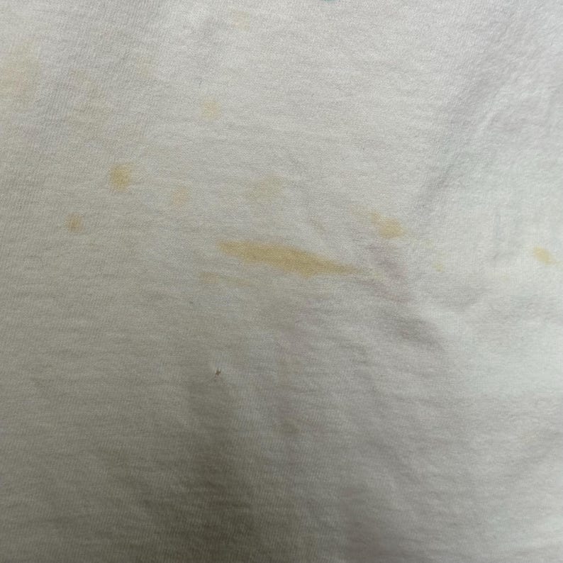This image showcases a close up view of some of the staining present on the front side of a true vintage 1980s salvage condition thrashed Belton Tough Tee women’s 100% preshrunk cotton St. Thomas single stitch graphic t-shirt in a size XL modeled on a dress form.