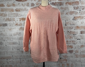 True Vintage 1980s Ship’N Shore Women’s Pastel Pink Solid Print Geometric Textured Mock Neck Long Sleeve Cable Knit Cozy Pullover Sweater