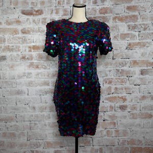 True Vintage 1980s Nite Line Women’s Silk Purple & Blue Rainbow Paillette Sequin Embellished Short Sleeve Zippered Party Cocktail Mini Dress
