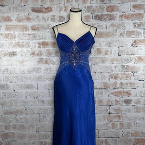 True Vintage Y2K Dave & Johnny by Laura Ryner Salvage Condition Women’s Blue Mesh Beaded Bodice Padded Bust Full Length Formal Prom Dress