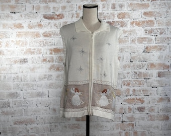 True Vintage 1990s Southern Lady Women’s White Angel Embroidered Sleeveless Zip Up Casual Cozy Knit Winter Christmas Sweater Vest Size Large
