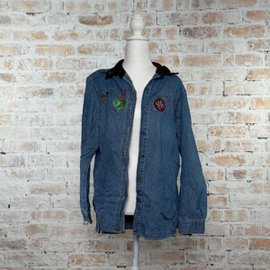 True Vintage 1990s Basic Editions Holiday Women’s Blue 100% Cotton Denim Ornament Embroidered Button Down Casual Christmas Blouse Size Large