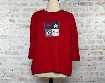 True Vintage 1990s Sag Harbor Women’s Volup Plus Size 2X Cotton Blend Red Embroidered Quilted Patchwork Stars and Hearts Cable Knit Sweater