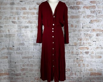 True Vintage 80s Flawed Condition Valerie Women’s Maroon Solid Print V-Neck Button Up Matching Coordinated Casual 2 Piece Skirt Set Size 12