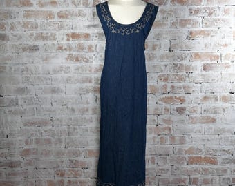 True Vintage 90s Flawed Condition MPH Blues Women’s Volup Plus Size 3X 100% Cotton Solid Print Embroidered Casual Sleeveles Denim Maxi Dress