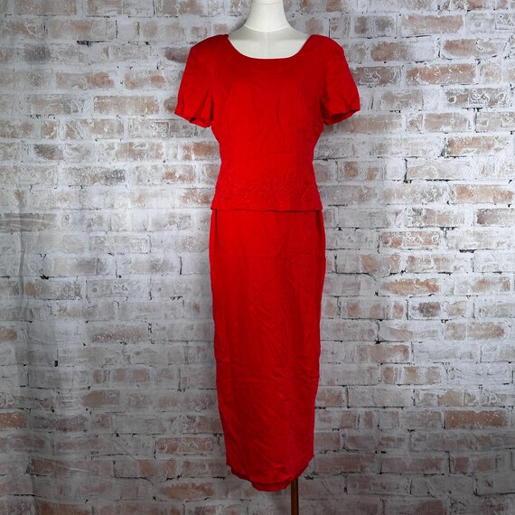 True Vintage Y2K Does 60s Plaza South Women's Linen Blend Red Beaded Floral Embroidered Short Sleeve Layered Flirty Maxi Shift Dress Size 12