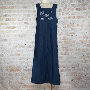 blue fish dress vintage 1960s Blue Fish Dress | Bust 36" | Embroidered | Vintage