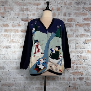 True Vintage 1990s Quacker Factory Salvage Condition Women’s Blue & Green Plus Size Button Down Long Sleeve Knit Cardigan Christmas Sweater