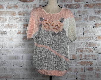True Vintage 1980s Partners by Mervyn’s Women’s Pastel Pink and White Floral Embroidered Beaded Dolman Sleeve Boucle Knit Sweater Blouse