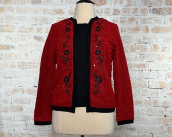 True Vintage 1990s Cathy Daniels Women’s Red and Black Boucle Knit Floral and Rhinestone Embroidered Mock Layer Pullover Sweater Size Large