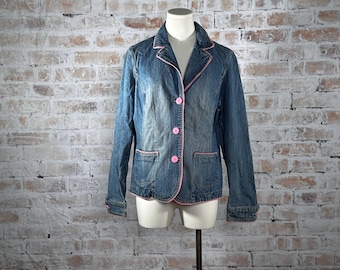 True Vintage Y2K Crazy Horse by Liz Claiborne Women’s 100% Cotton Denim Blue and Pink Solid Print Button Down Faded Jean Jacket Size Large