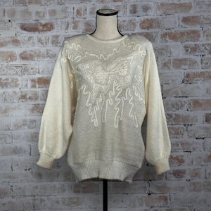 True Vintage 80s Adolfo Collectibles Women’s White Abstract Print Embellished Dolman Sleeve Crewneck Knit Pullover Shoulder Padded Sweater