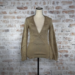 True Vintage Y2K Say What Women’s Brown Acrylic Deep V-Neck Crisscross Long Bell Sleeve Pullover Crochet Knit Lightweight Sweater Blouse