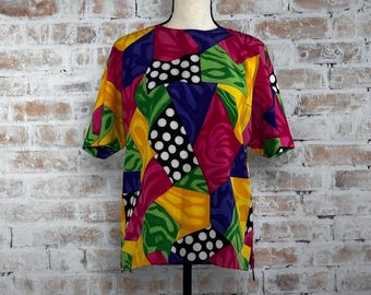 True Vintage 1980s Steven Barry Women’s Multicolored Art Deco Abstract Geometric Print Short Batwing Sleeve Crewneck Casual Popover Blouse