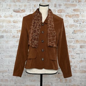 True Vintage 80s MHM Melissa Harper Women’s Brown Solid Print Button Down Long Sleeve Equestrian Blouse with Built-In Giraffe Print Scarf
