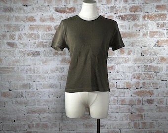 True Vintage 1990s Maurices Women’s Cotton Blend Olive Green Solid Print Short Sleeve Stretchy Crewneck Thermal Knit Basic T-Shirt Size XL